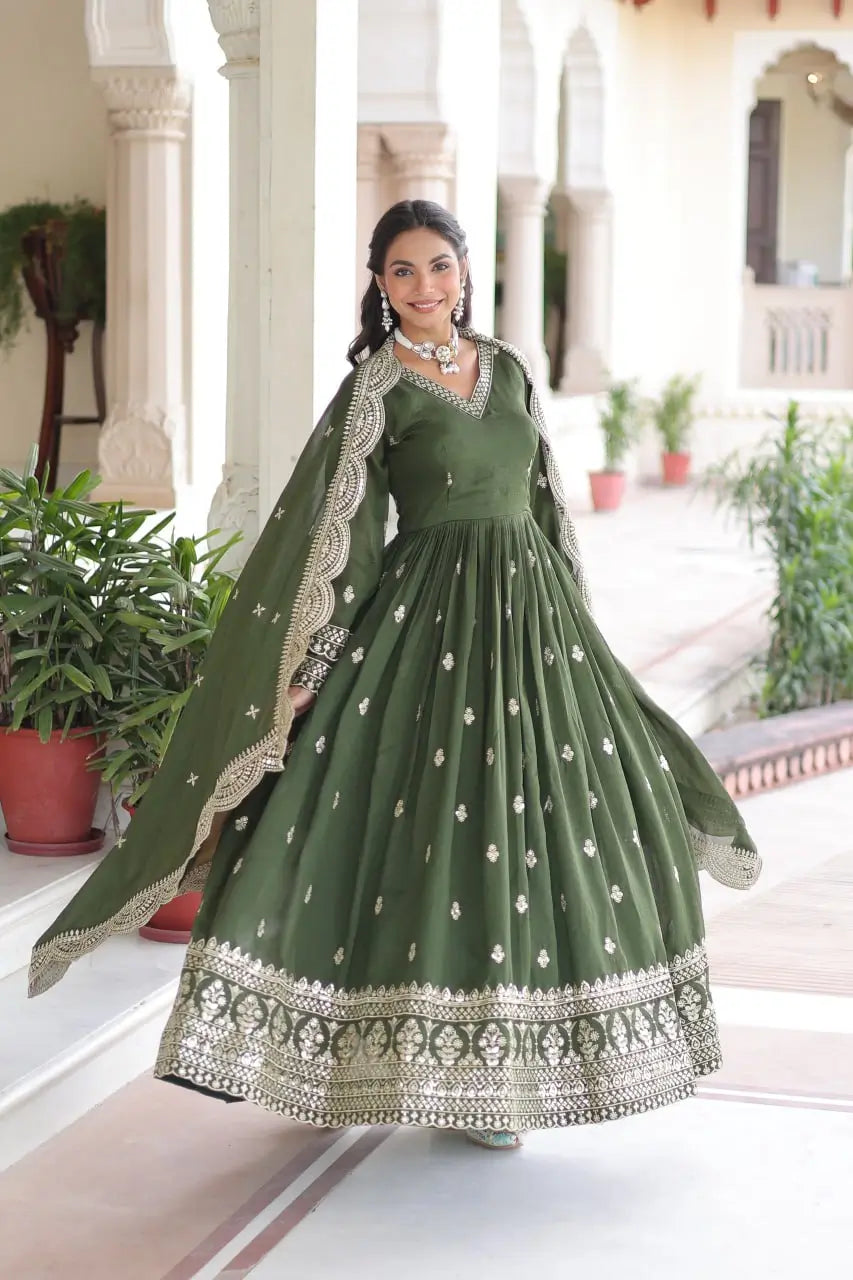 Embroidered Vichitra Silk Gown Set
