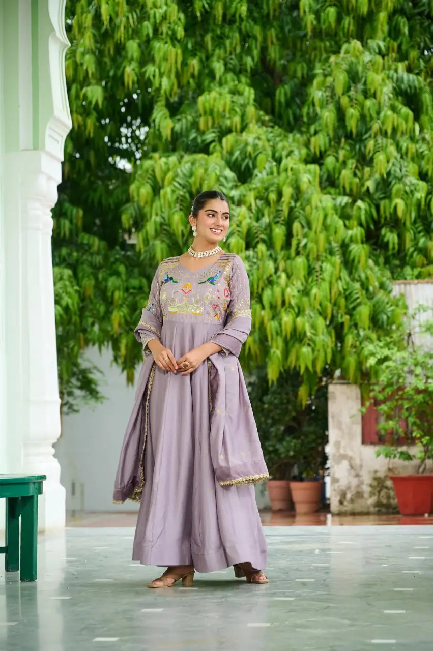 Embroidered Vichitra Silk Gown Set