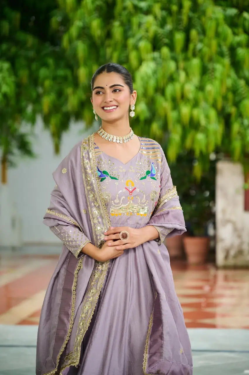 Embroidered Vichitra Silk Gown Set