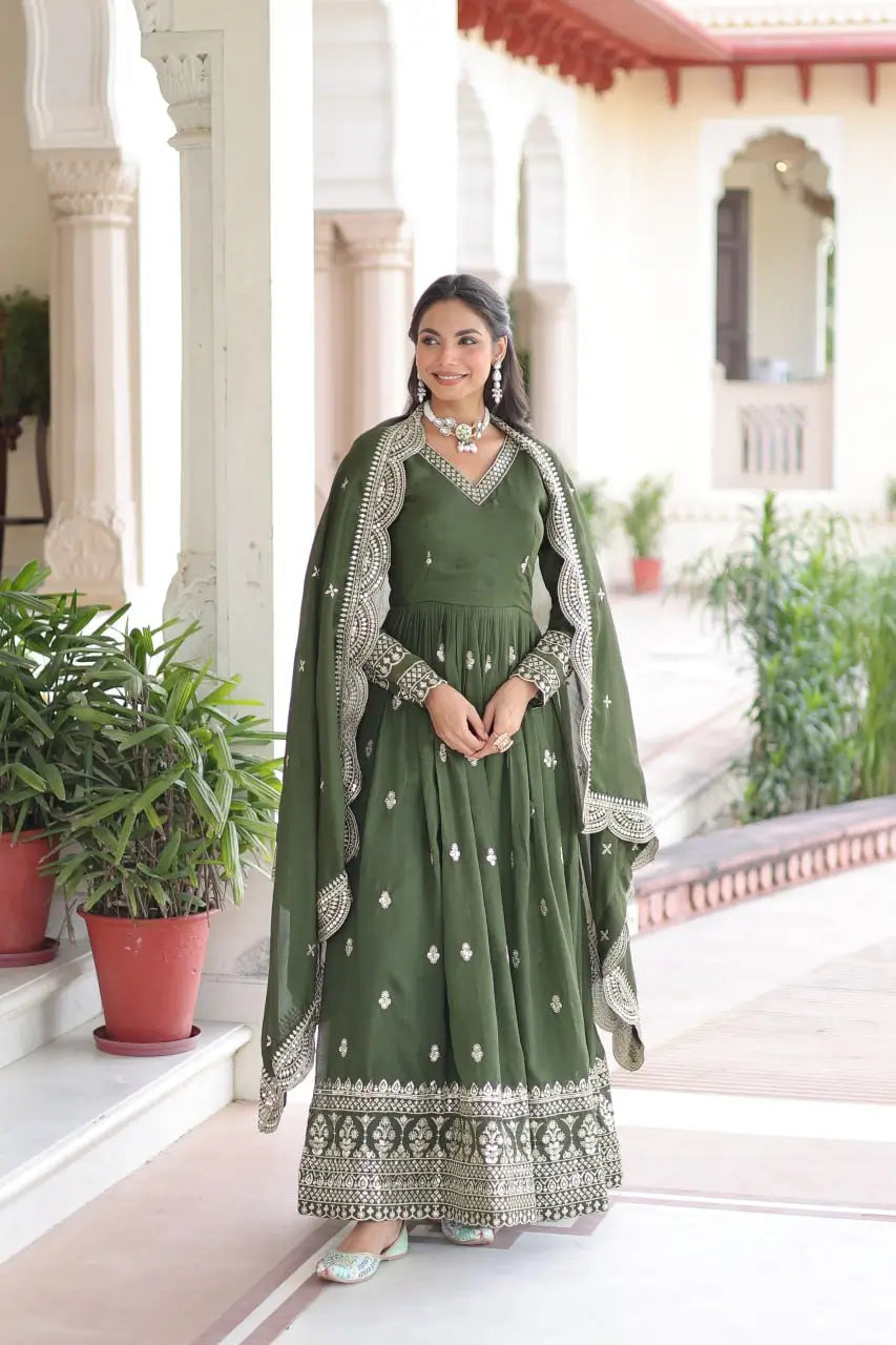 Embroidered Vichitra Silk Gown Set