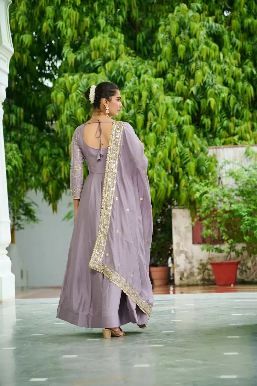 Embroidered Vichitra Silk Gown Set