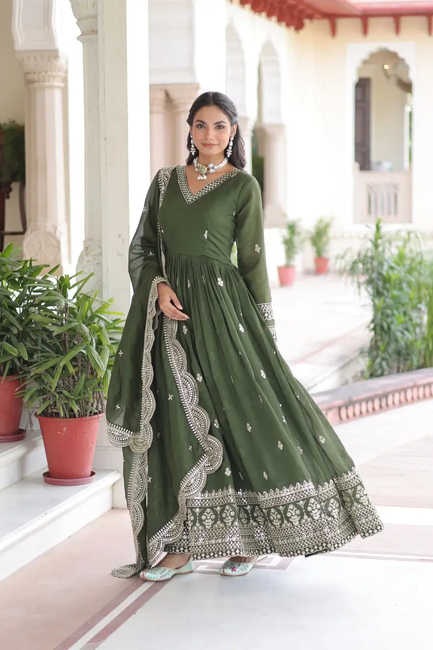 Embroidered Vichitra Silk Gown Set