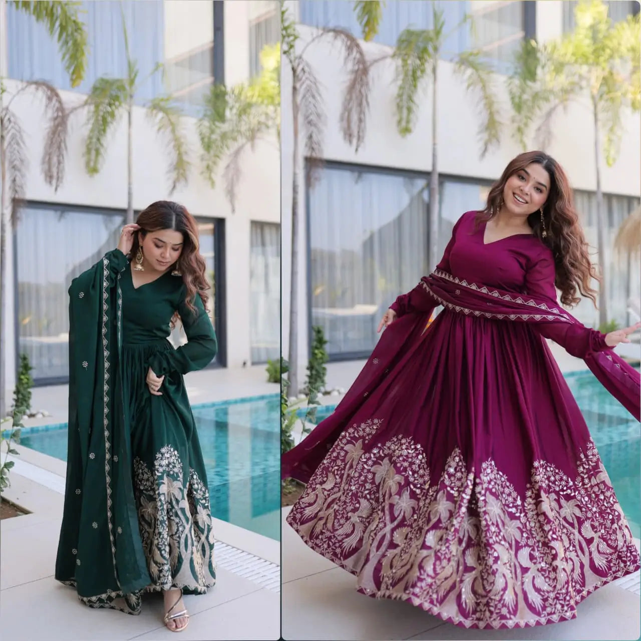 Embroidered Vichitra Silk Gown Set