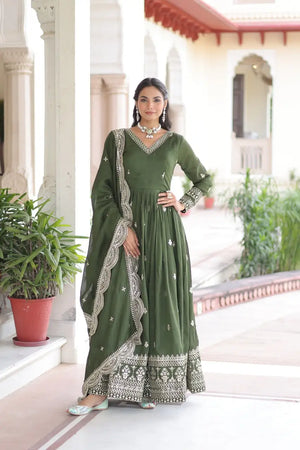 Embroidered Vichitra Silk Gown Set