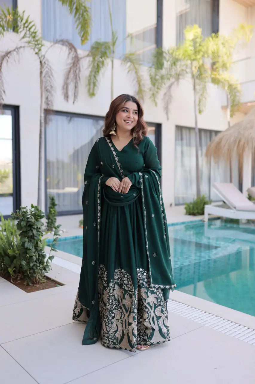 Embroidered Vichitra Silk Gown Set