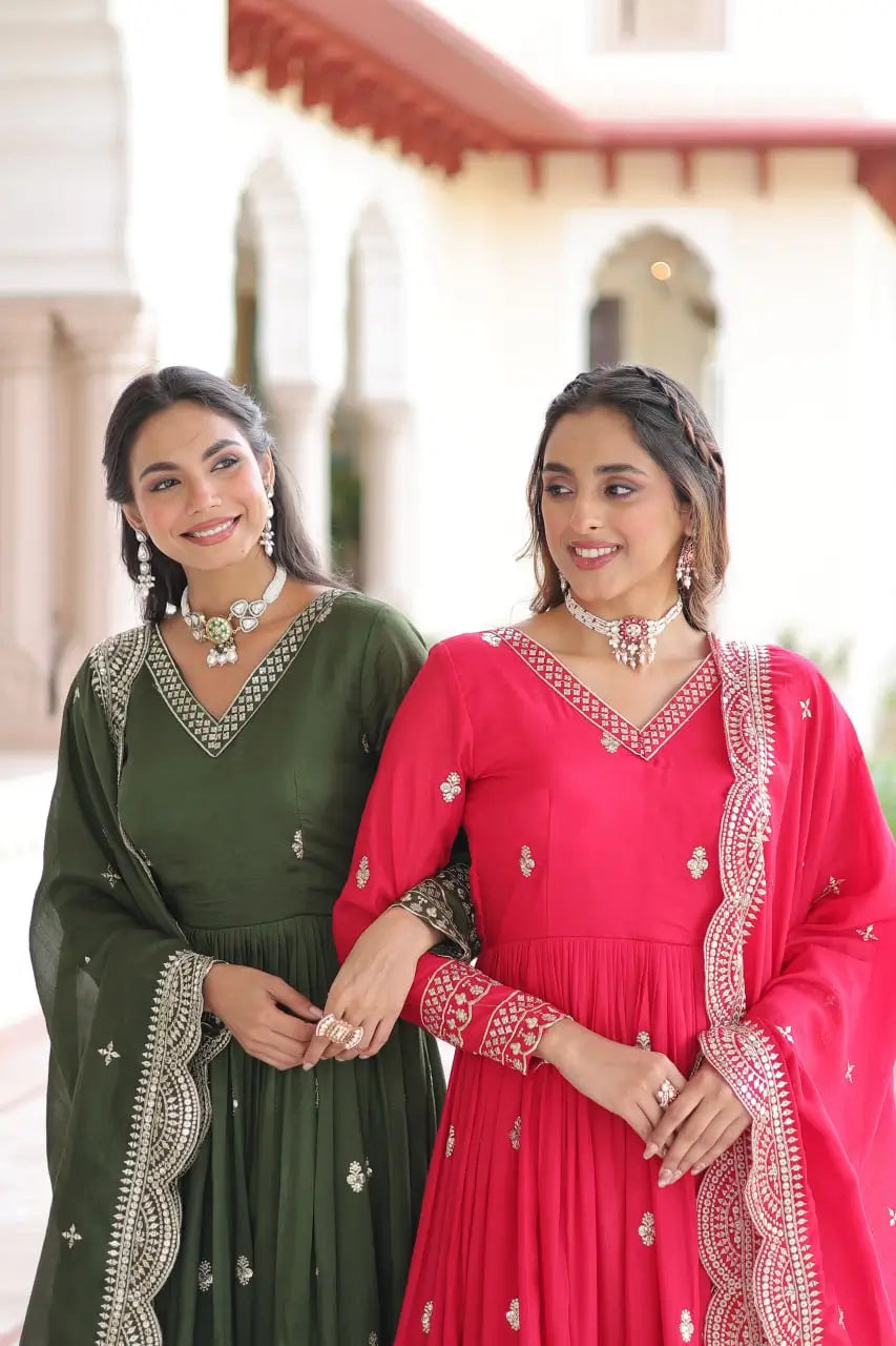 Embroidered Vichitra Silk Gown Set