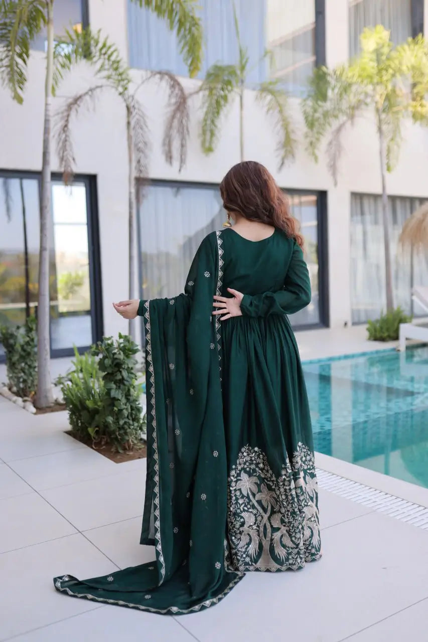 Embroidered Vichitra Silk Gown Set