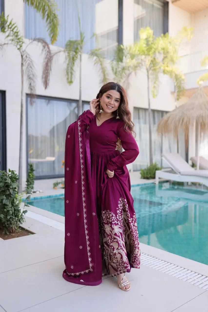 Embroidered Vichitra Silk Gown Set