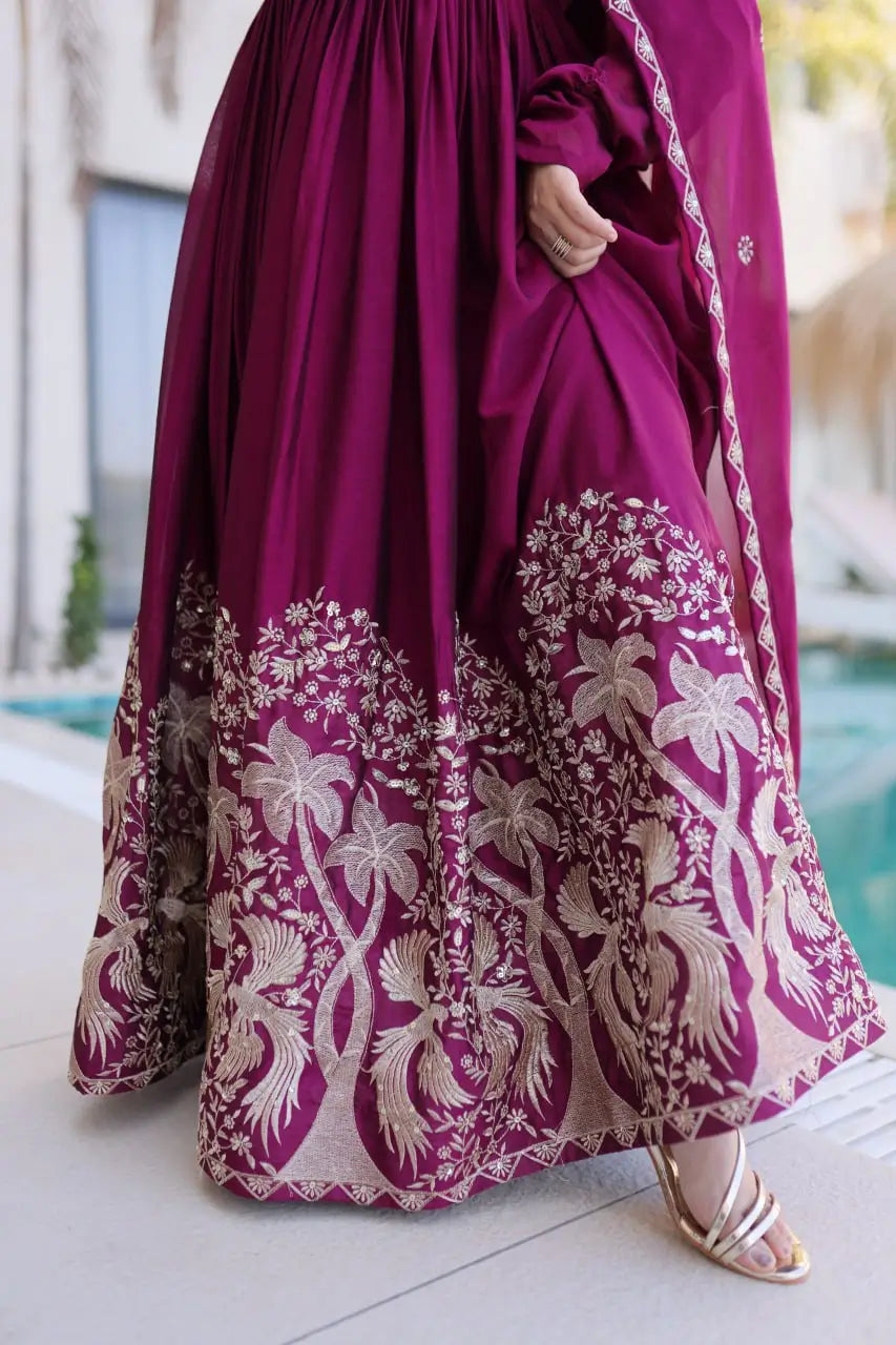 Embroidered Vichitra Silk Gown Set