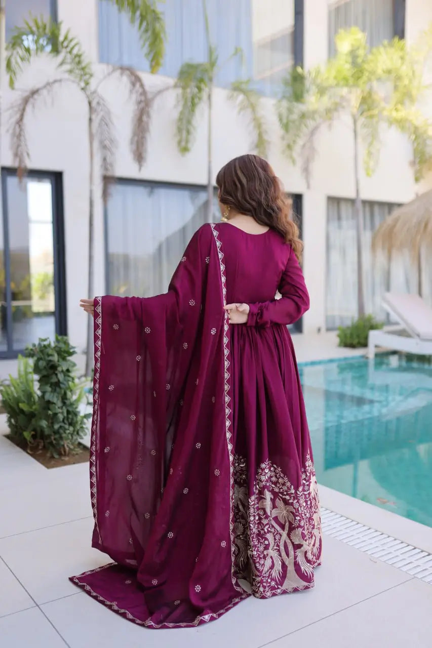 Embroidered Vichitra Silk Gown Set