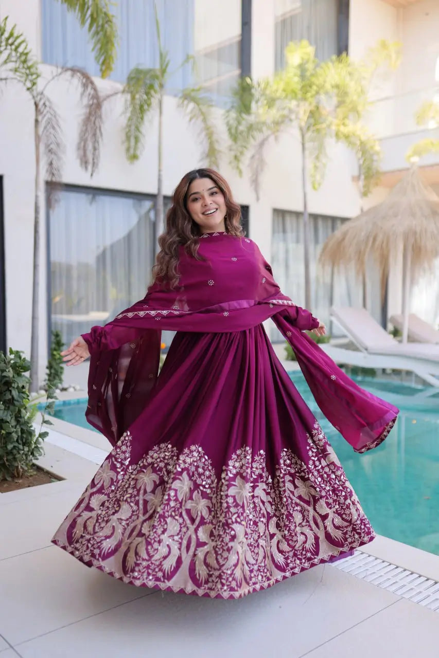 Embroidered Vichitra Silk Gown Set