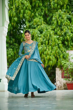 Embroidered Vichitra Silk Gown Set