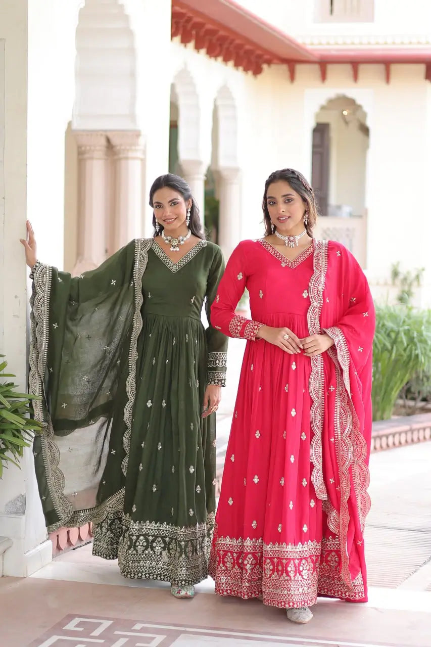 Embroidered Vichitra Silk Gown Set