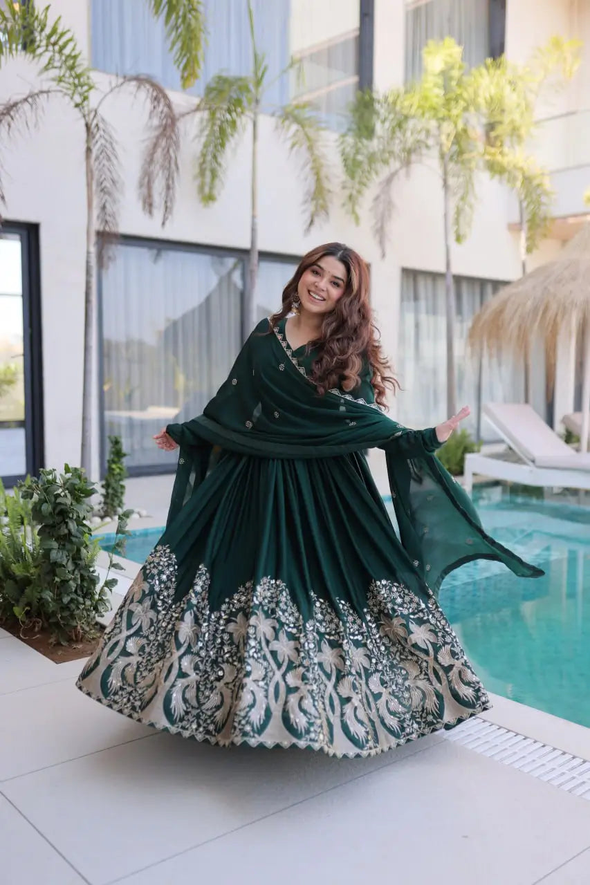 Embroidered Vichitra Silk Gown Set