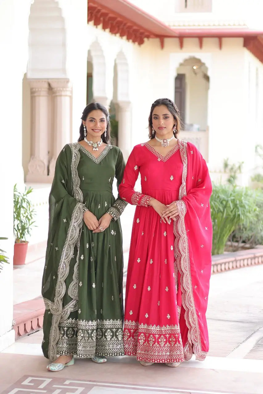 Embroidered Vichitra Silk Gown Set