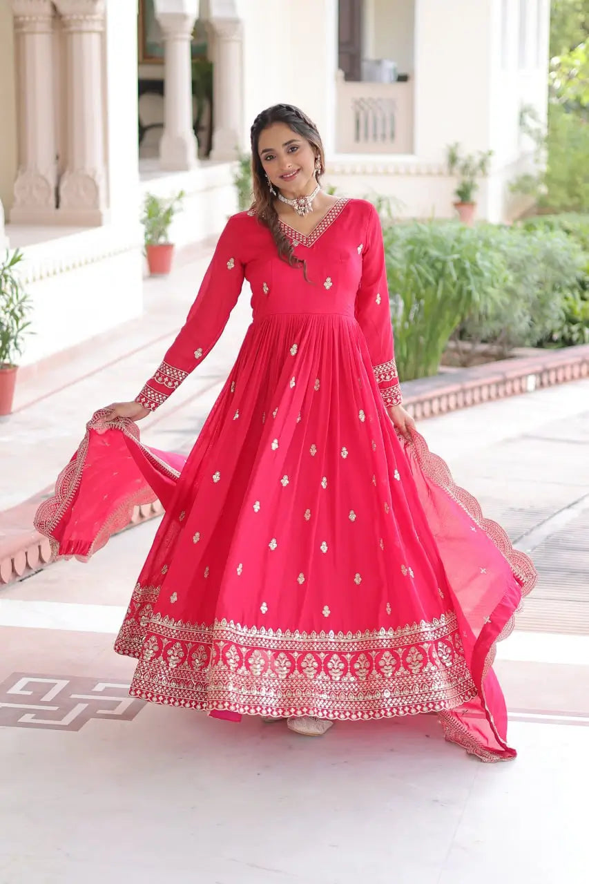 Embroidered Vichitra Silk Gown Set