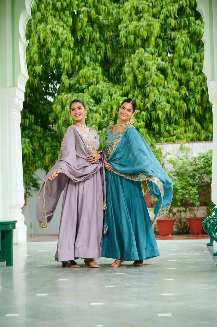 Embroidered Vichitra Silk Gown Set