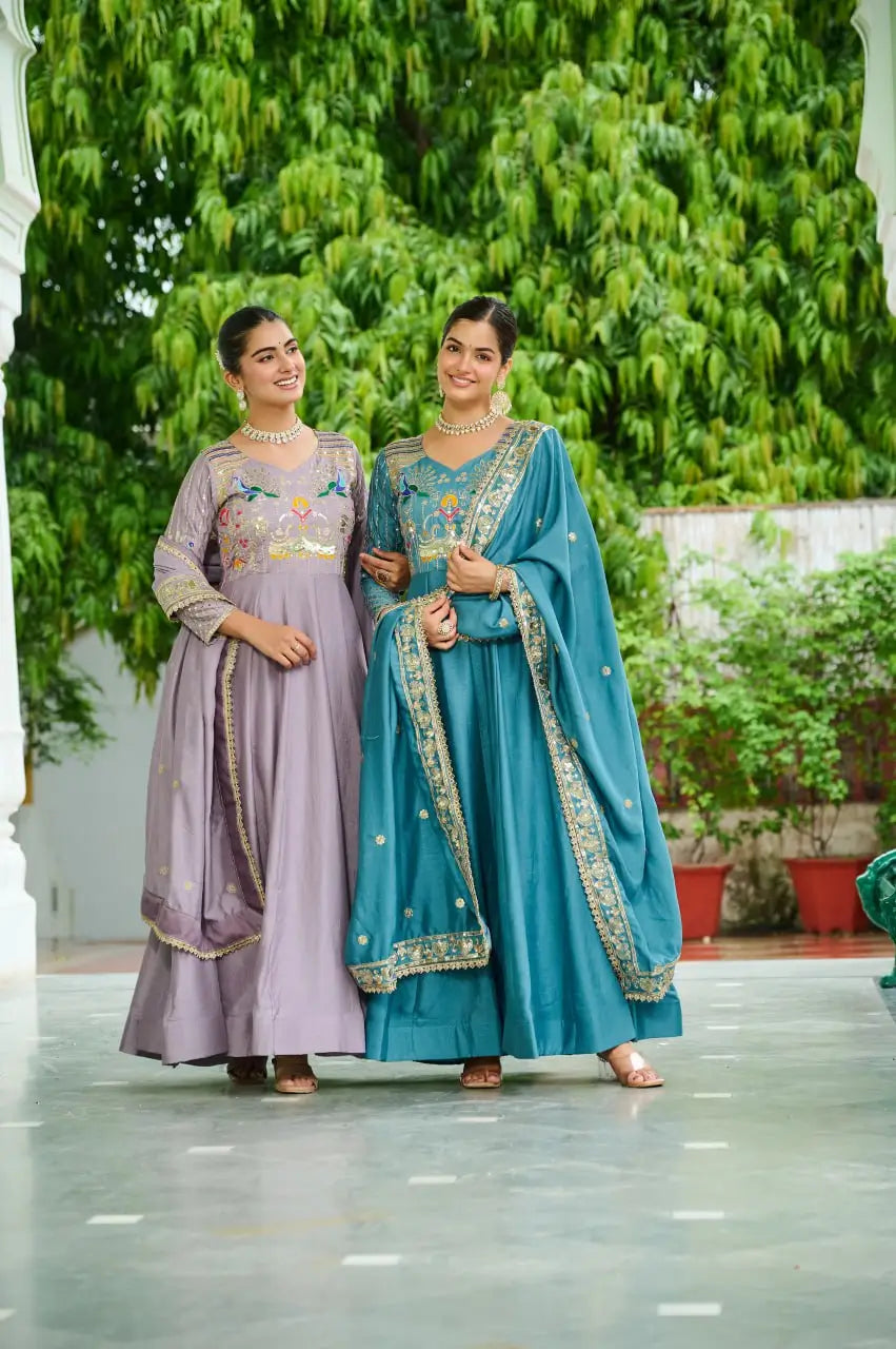 Embroidered Vichitra Silk Gown Set