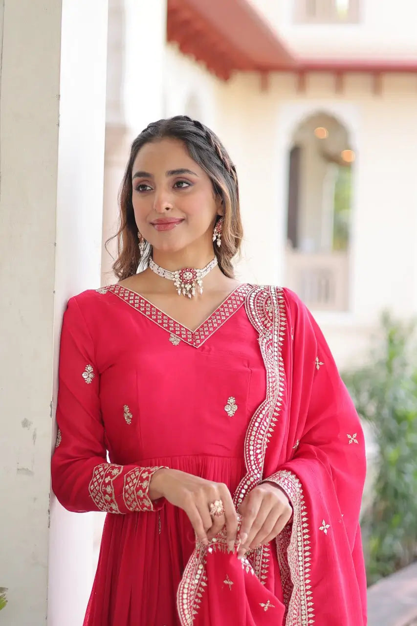 Embroidered Vichitra Silk Gown Set