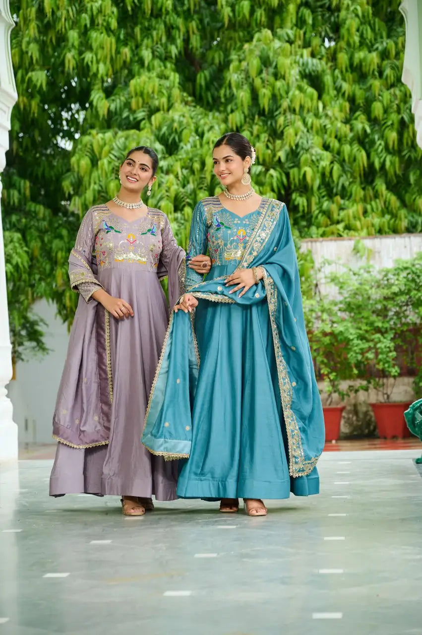 Embroidered Vichitra Silk Gown Set