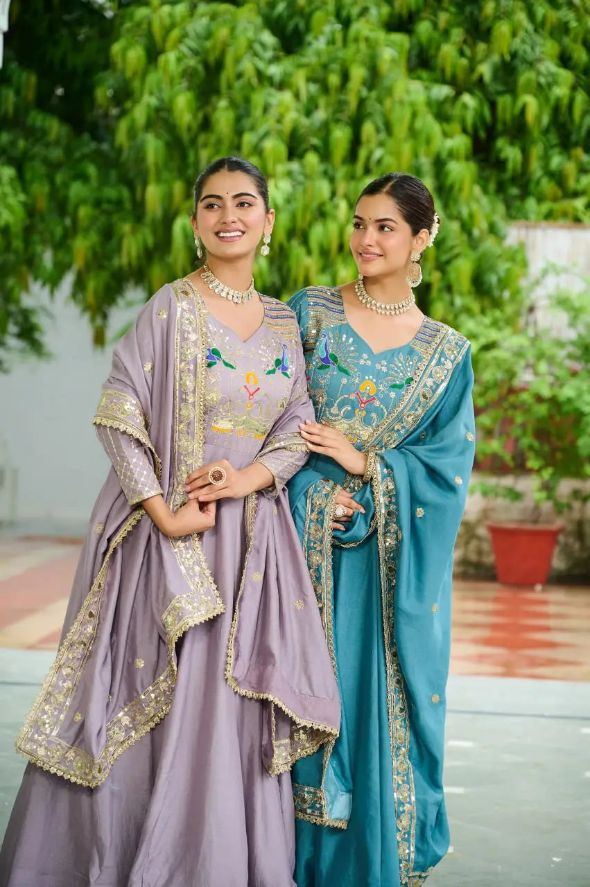 Embroidered Vichitra Silk Gown Set