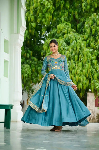 Embroidered Vichitra Silk Gown Set