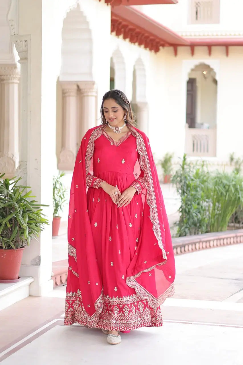 Embroidered Vichitra Silk Gown Set