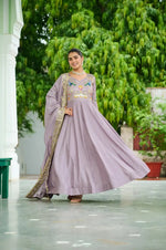 Embroidered Vichitra Silk Gown Set