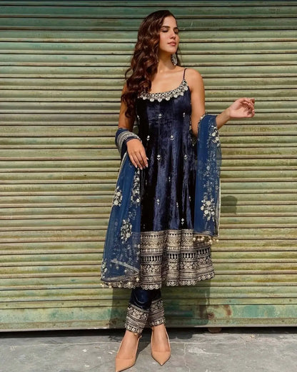 Embroidered Vichitra Silk Gown Suit Set