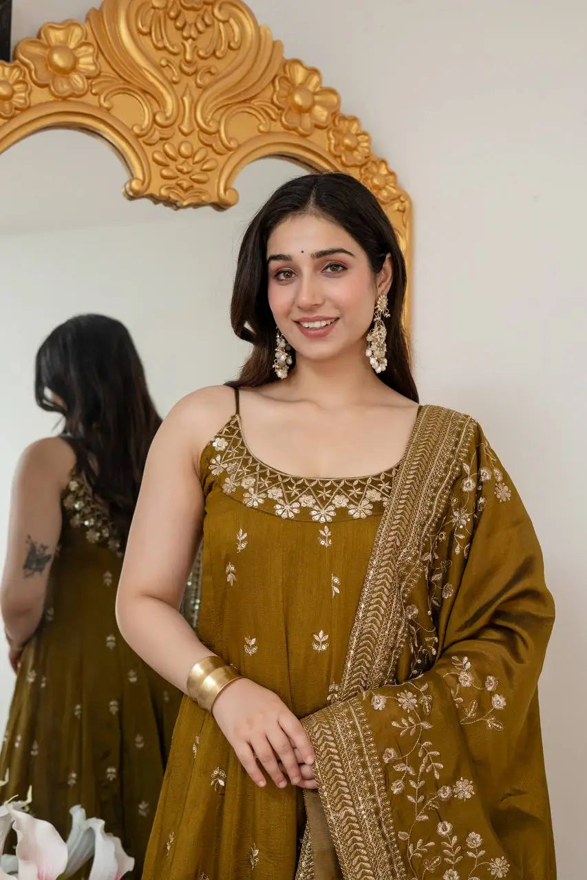 Embroidered Vichitra Silk Gown Suit Set