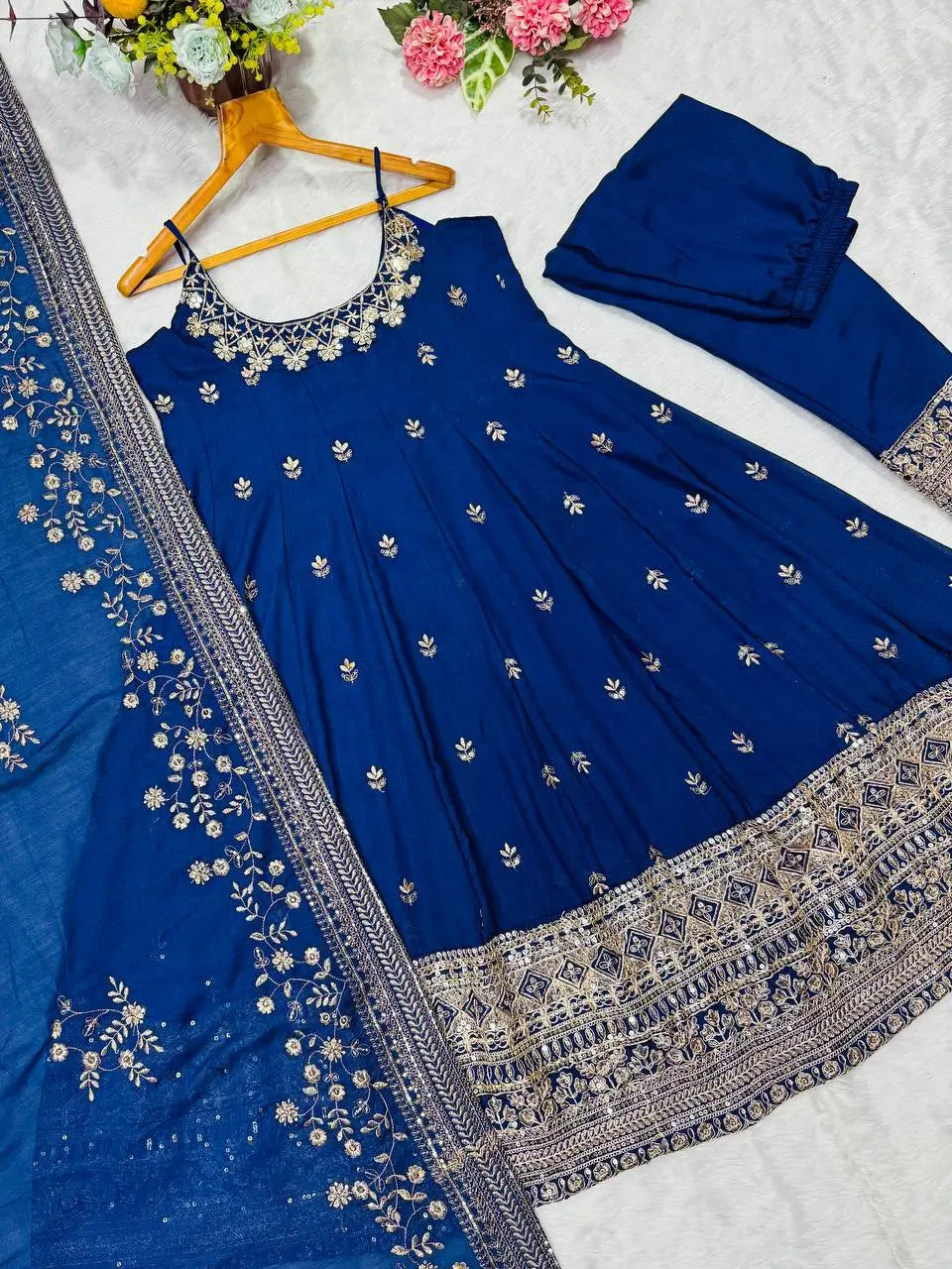 Embroidered Vichitra Silk Gown Suit Set