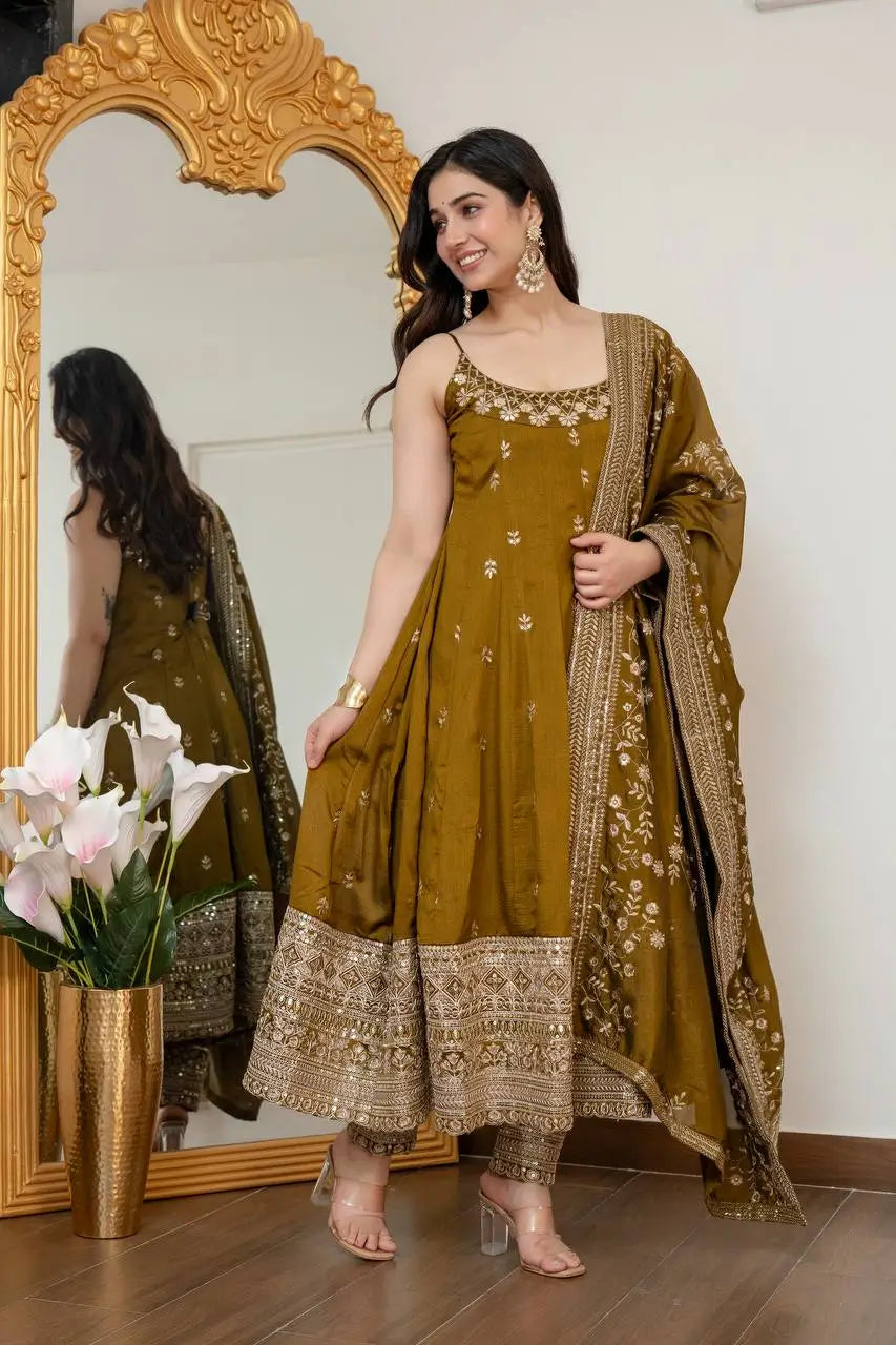 Embroidered Vichitra Silk Gown Suit Set