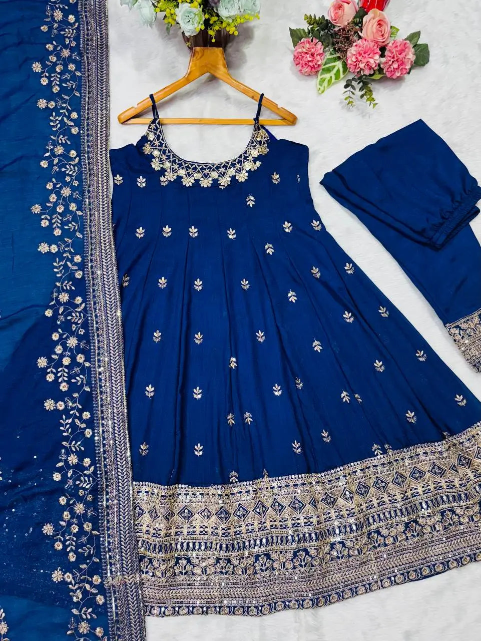 Embroidered Vichitra Silk Gown Suit Set