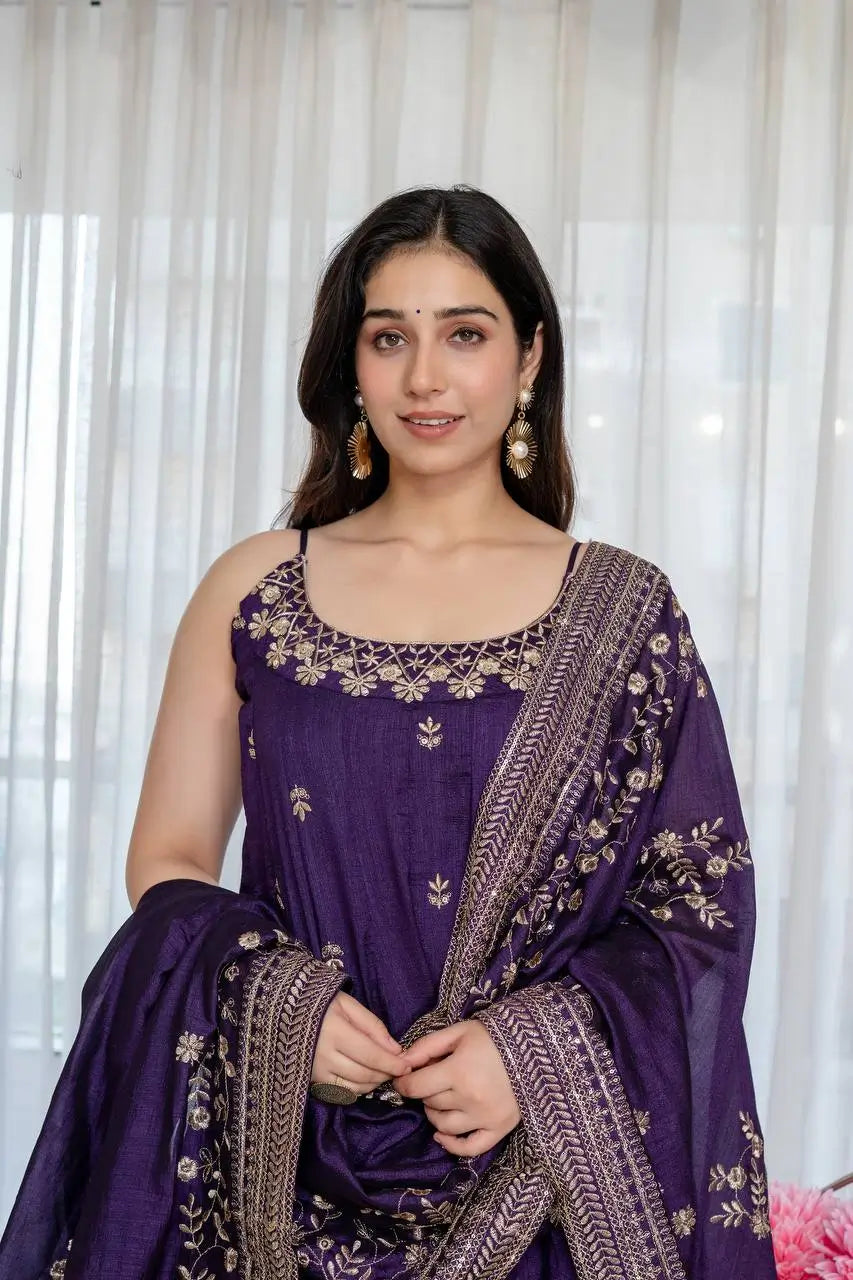 Embroidered Vichitra Silk Gown Suit Set