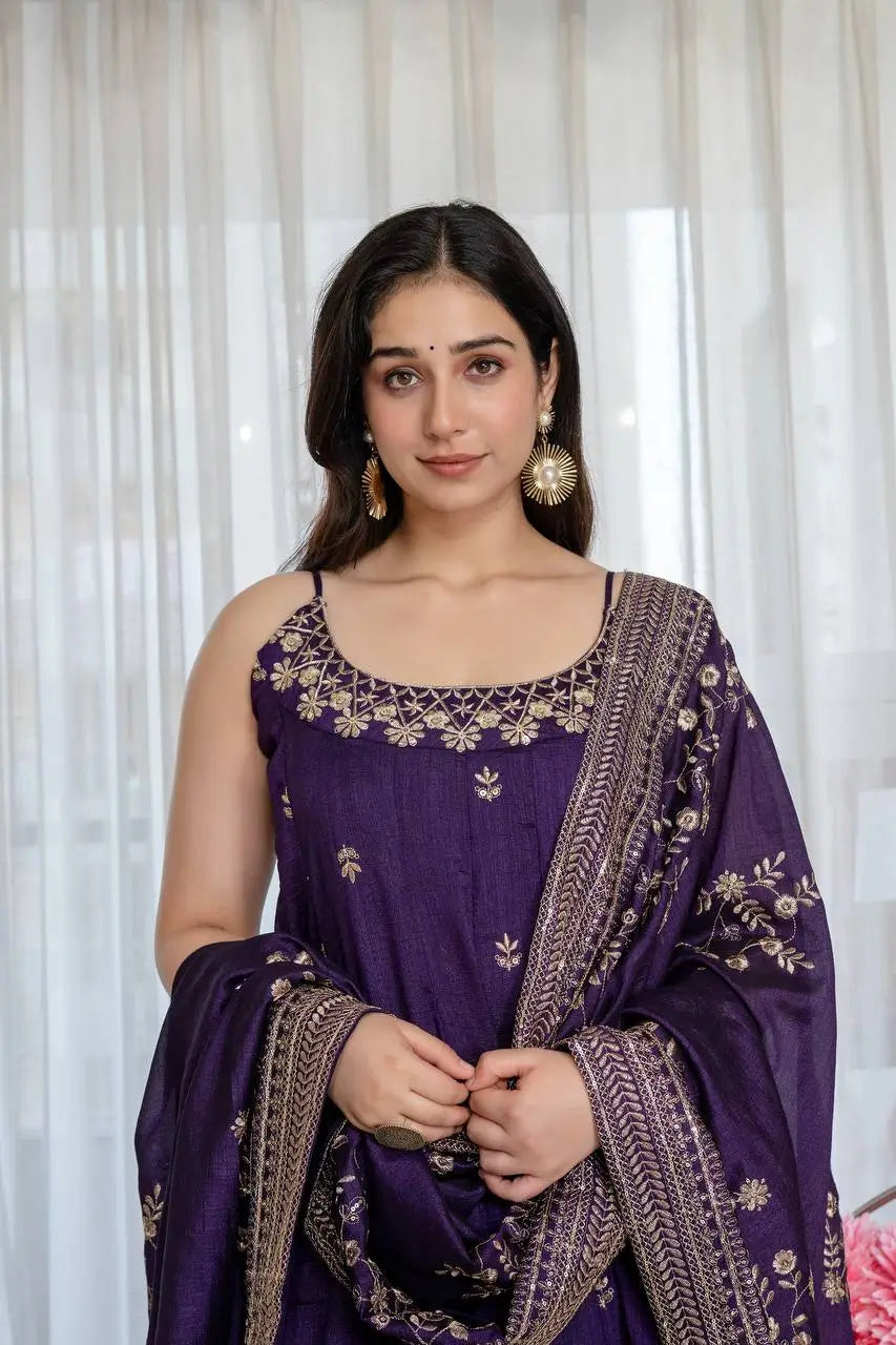 Embroidered Vichitra Silk Gown Suit Set