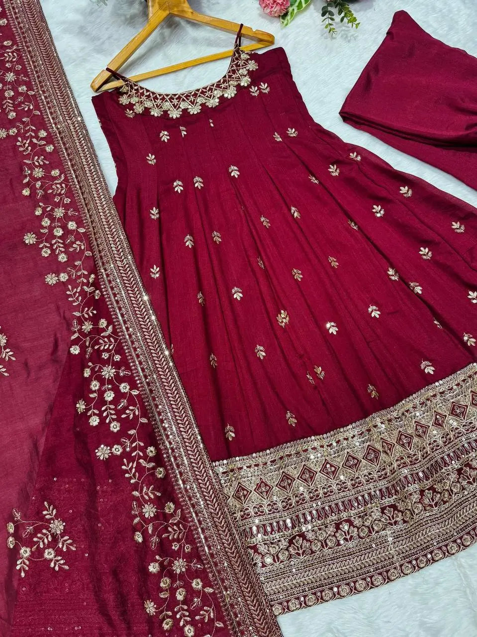 Embroidered Vichitra Silk Gown Suit Set