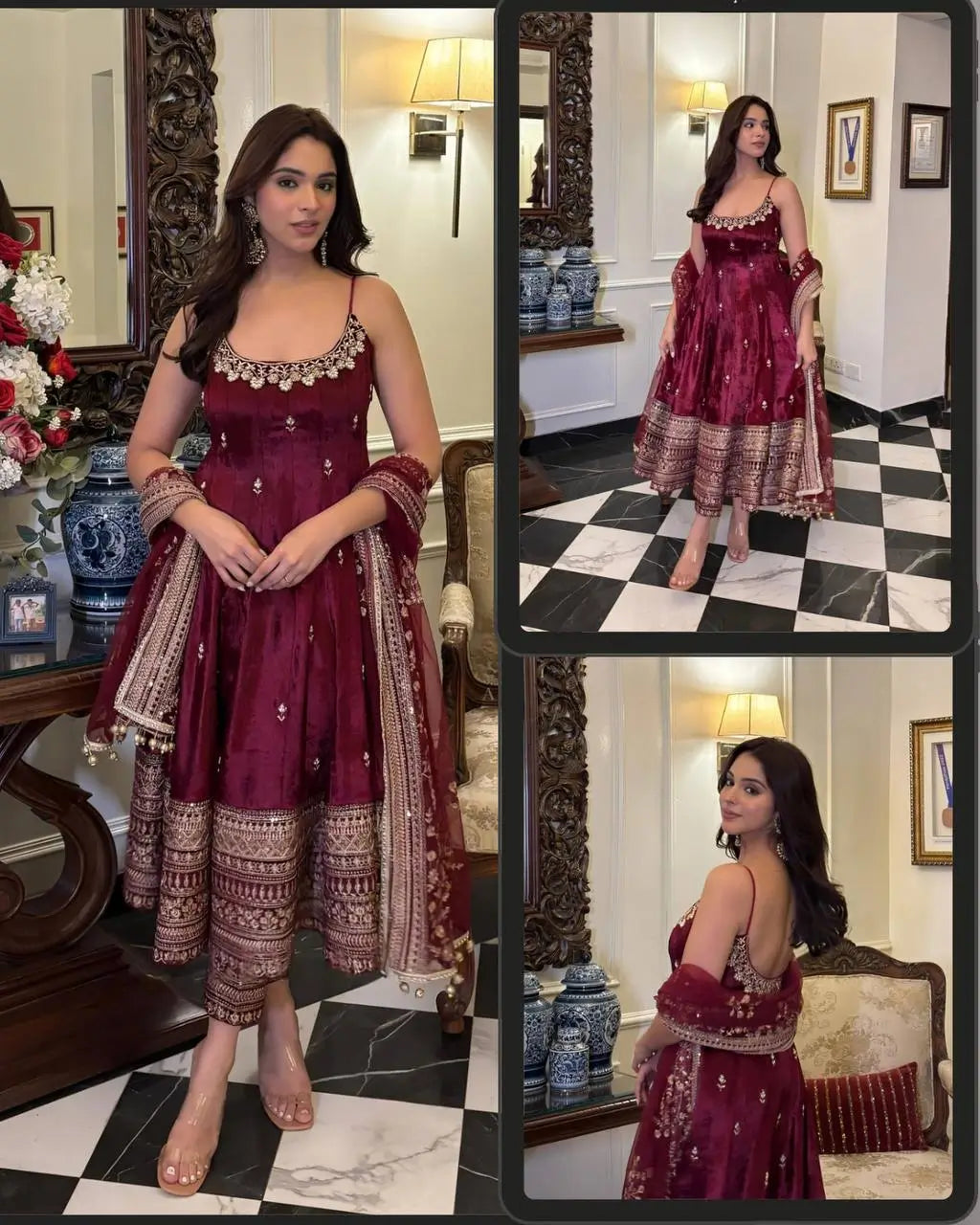 Embroidered Vichitra Silk Gown Suit Set