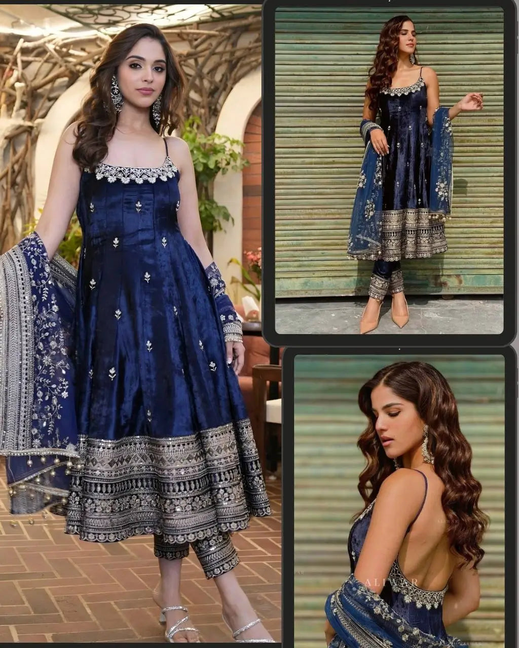 Embroidered Vichitra Silk Gown Suit Set