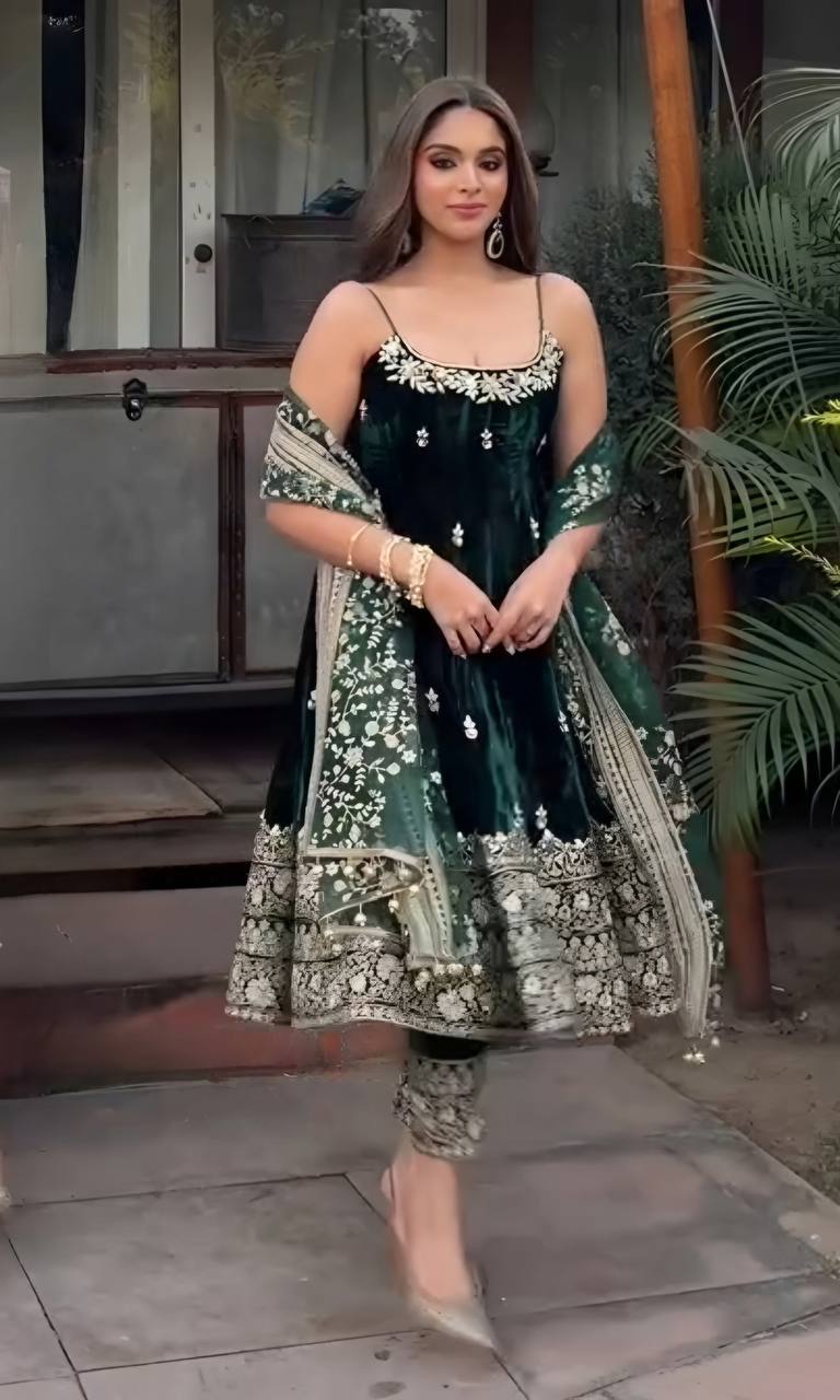 Embroidered Vichitra Silk Gown Suit Set