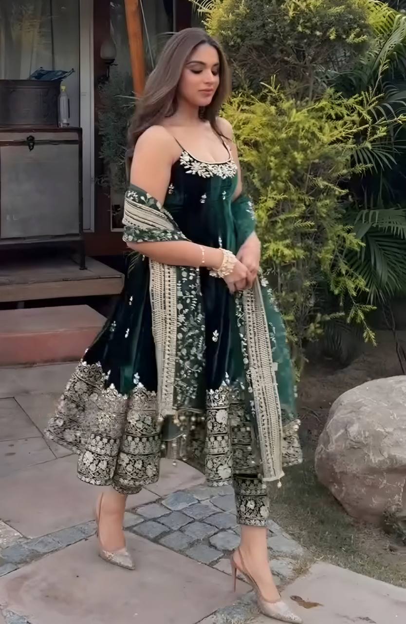 Embroidered Vichitra Silk Gown Suit Set