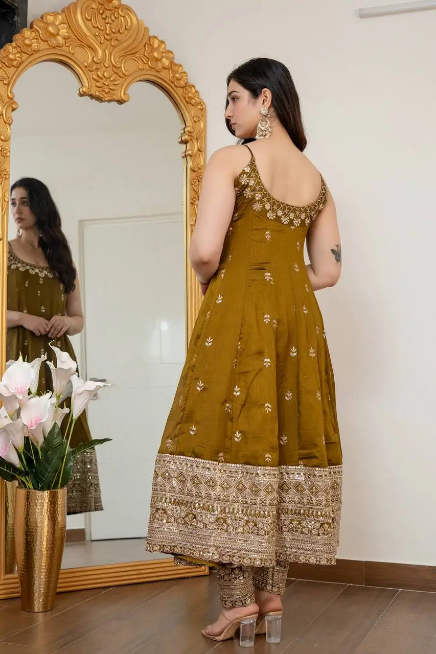 Embroidered Vichitra Silk Gown Suit Set