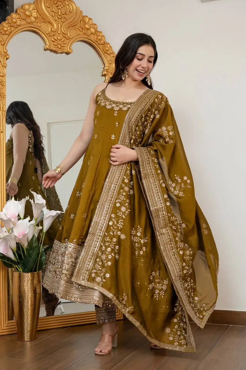 Embroidered Vichitra Silk Gown Suit Set