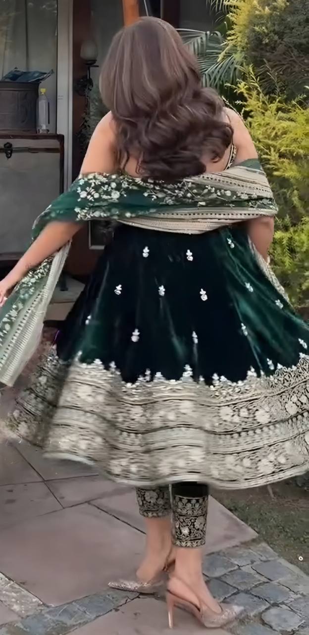 Embroidered Vichitra Silk Gown Suit Set