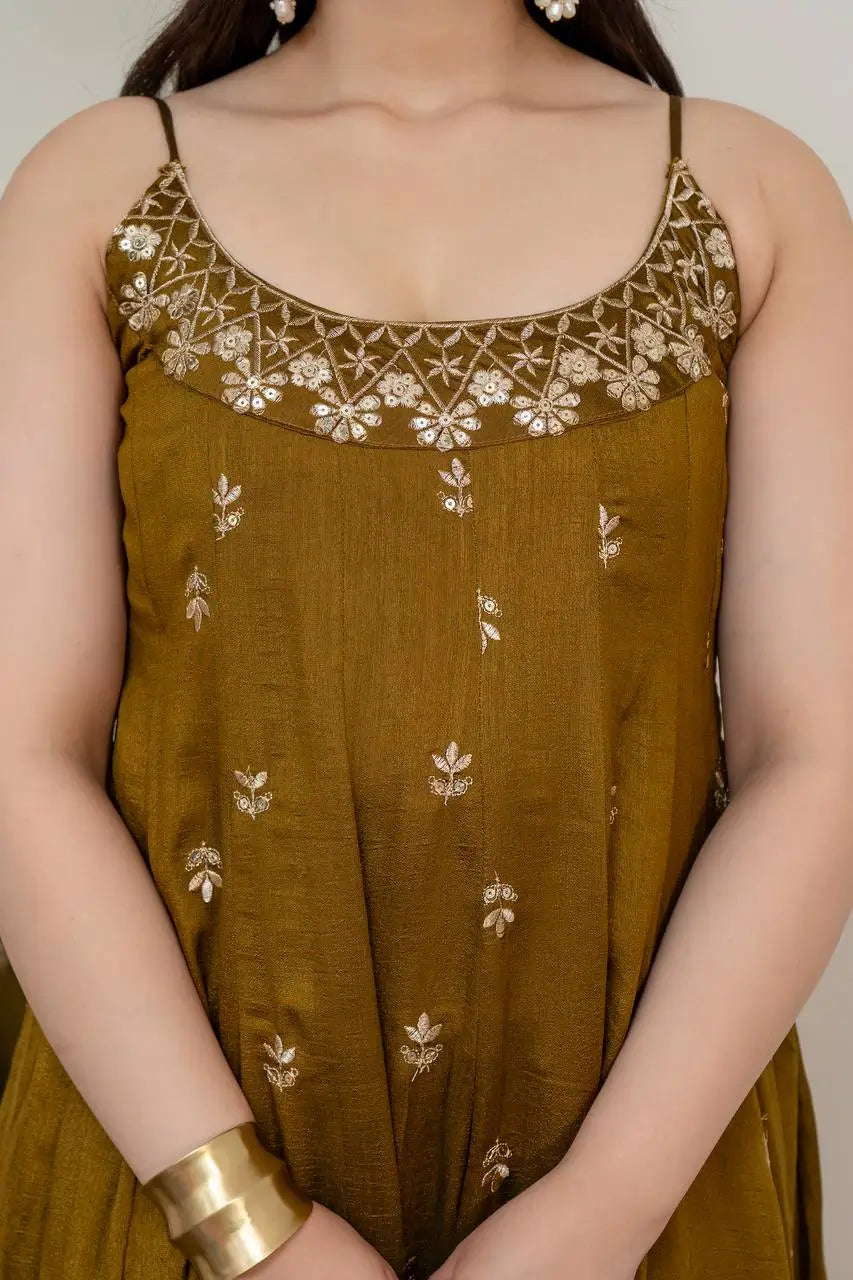 Embroidered Vichitra Silk Gown Suit Set
