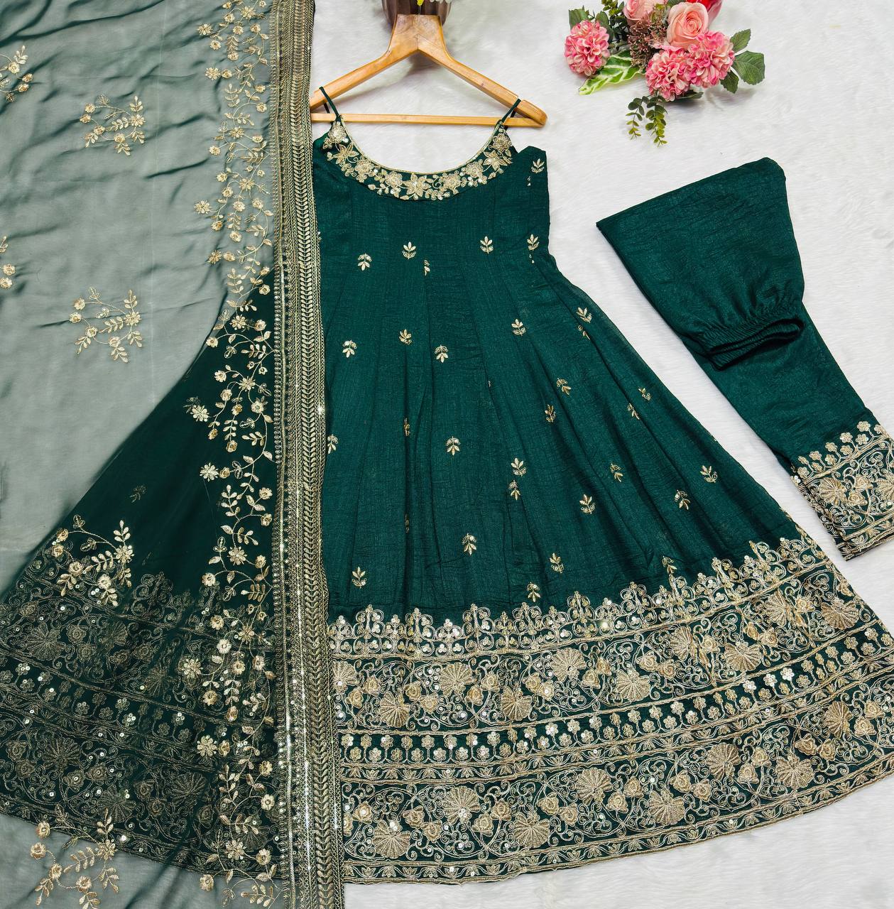 Embroidered Vichitra Silk Gown Suit Set
