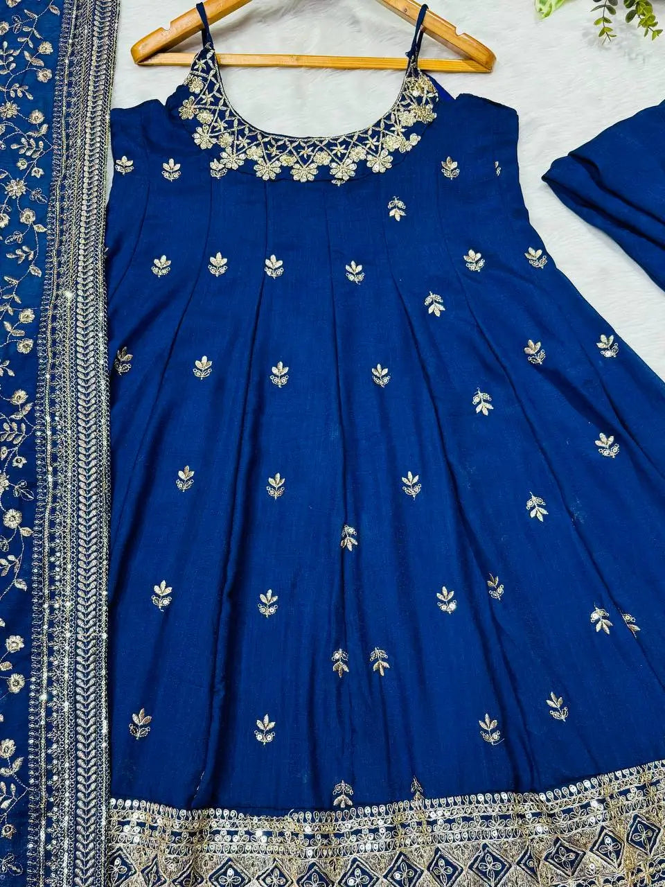 Embroidered Vichitra Silk Gown Suit Set