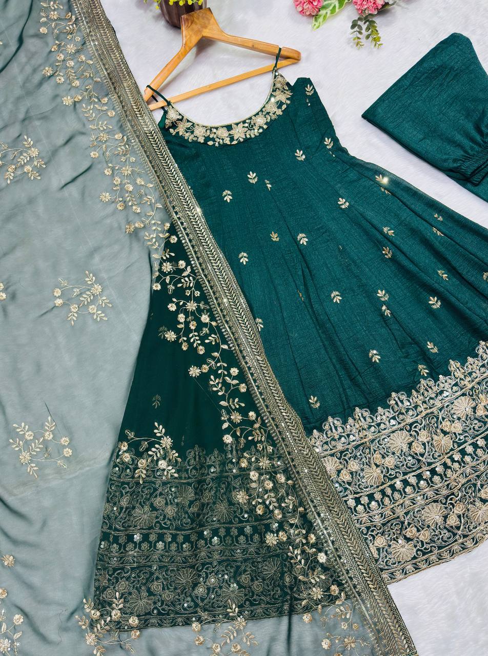 Embroidered Vichitra Silk Gown Suit Set