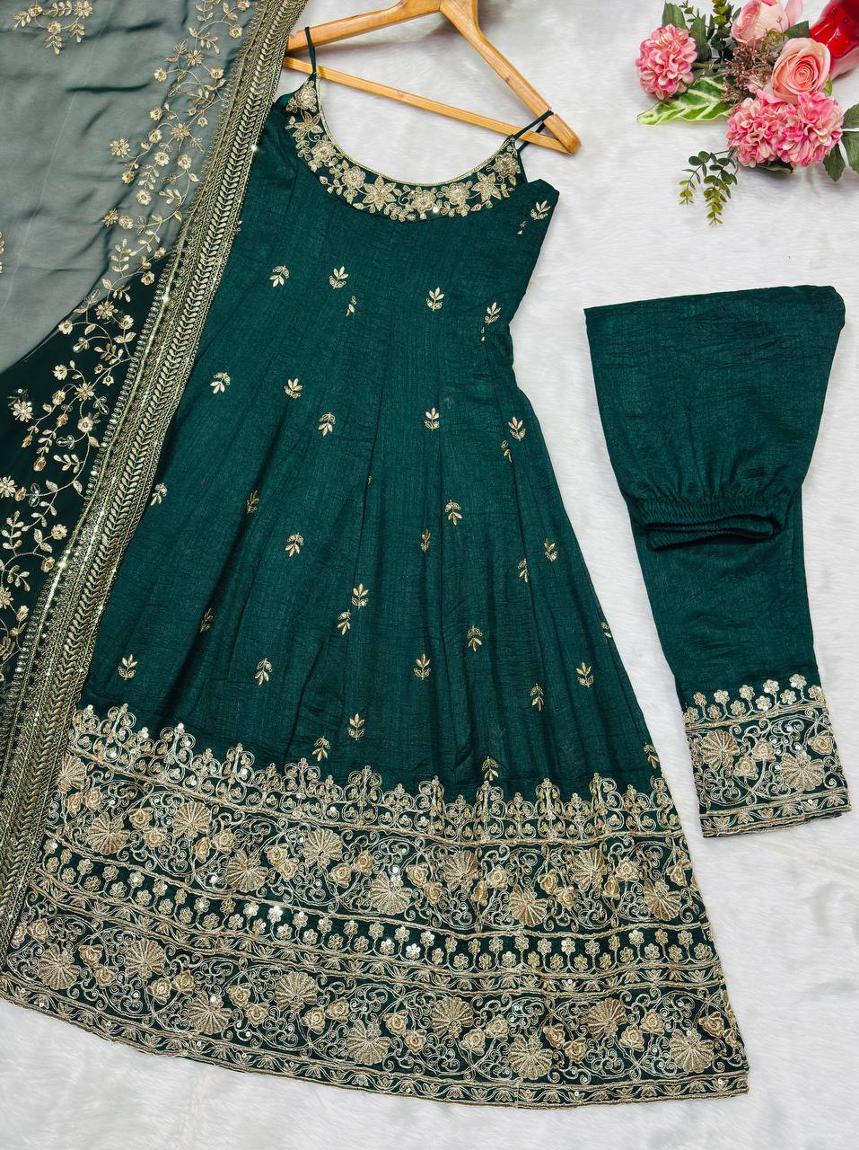 Embroidered Vichitra Silk Gown Suit Set