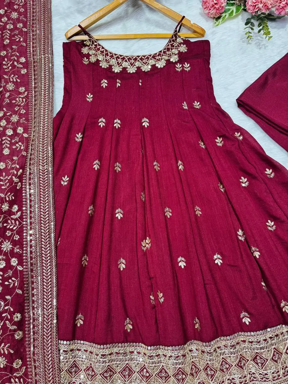 Embroidered Vichitra Silk Gown Suit Set