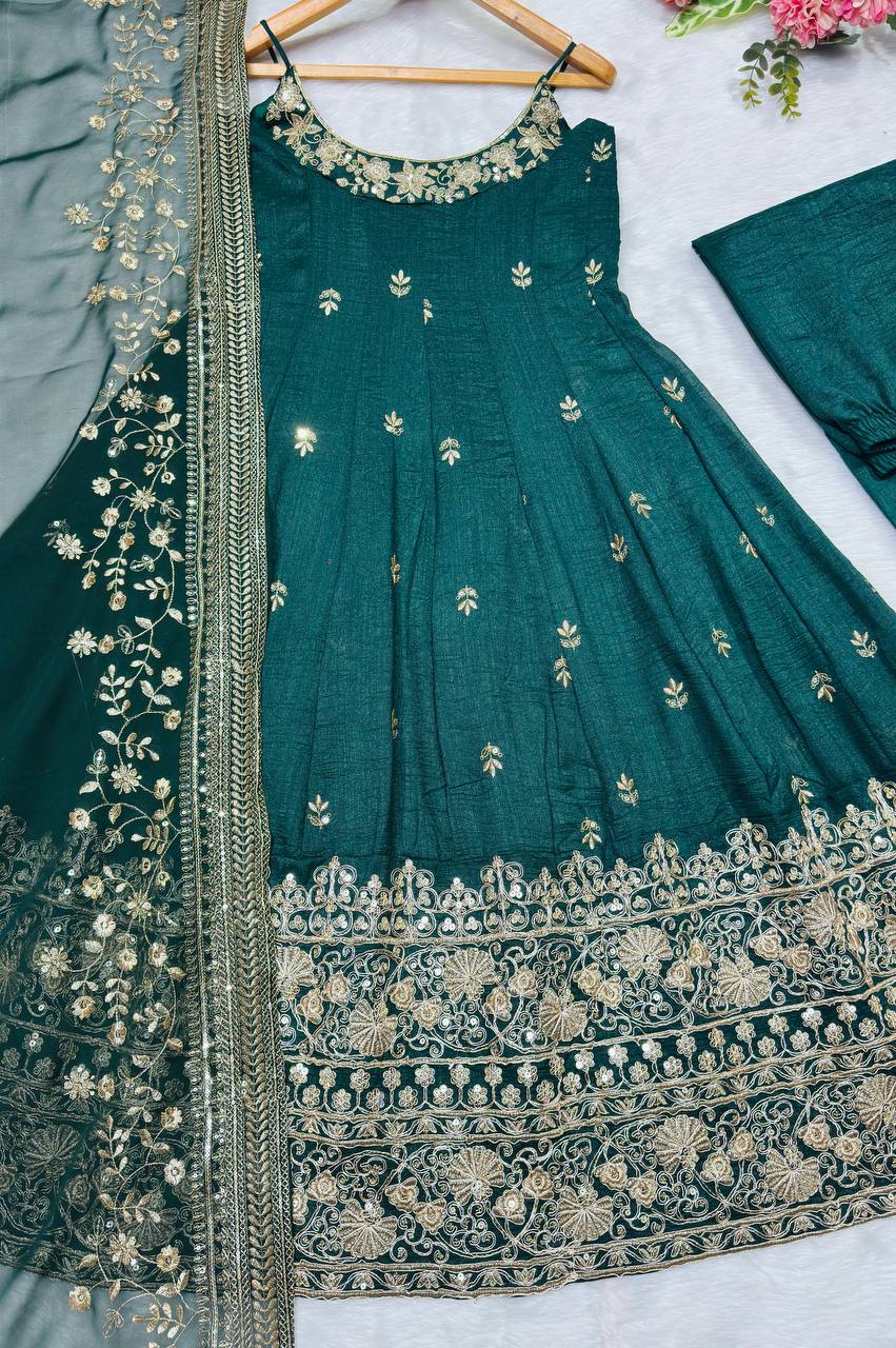 Embroidered Vichitra Silk Gown Suit Set